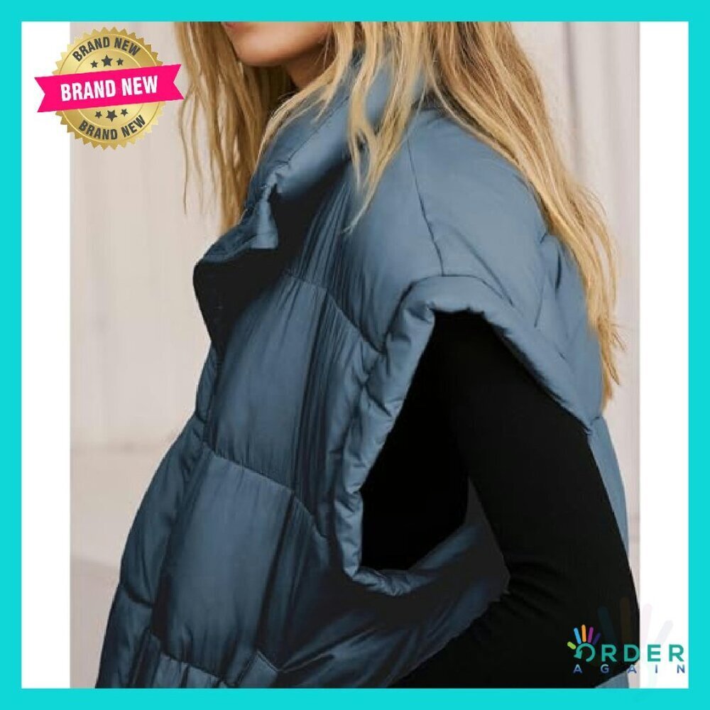 Oversized Puffer Vest Stand Collar Full Zip Sleeveless Quilted Warm Coat - Picture 2 of 7